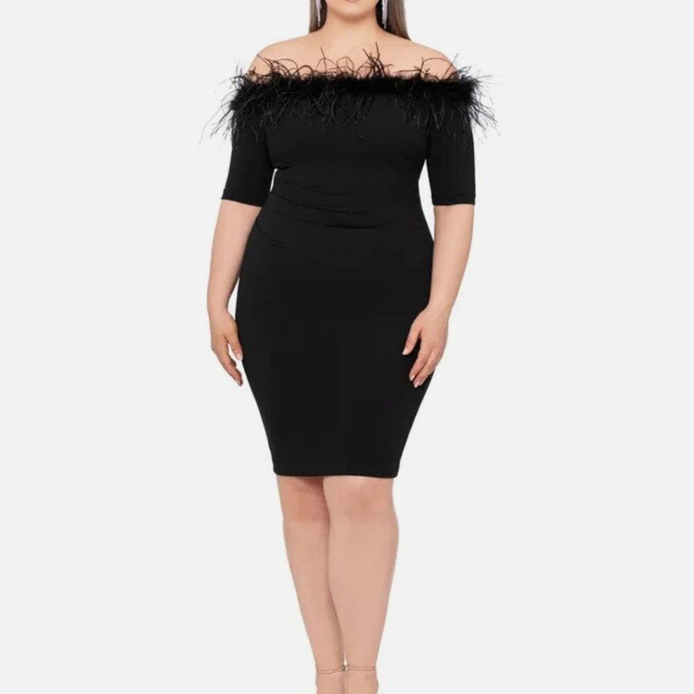 XSCAPE Feather Black Trim Off The Shoulder Scuba Sheath Midi Dress Size 18W NWOT